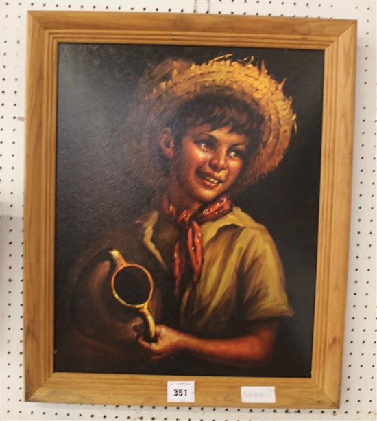 Oil on canvas of a boy & 4 military prints